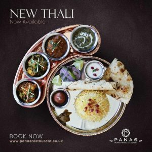 Traditional Indian thali featuring a variety of dishes at Panas Indian Dining in Twickenham